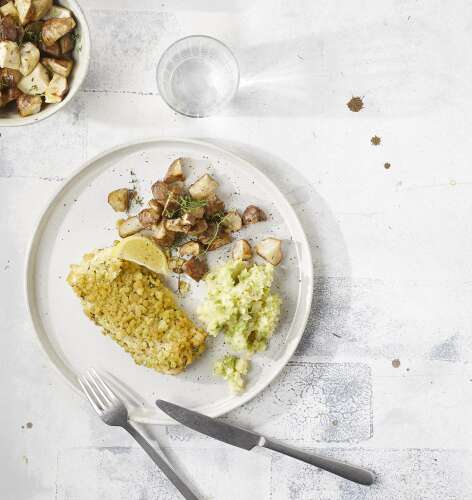 Recette Pour Filet De Cabillaud Au Crumble Puree Aux Petits Pois Et Topinambours Colruyt En Cuisine