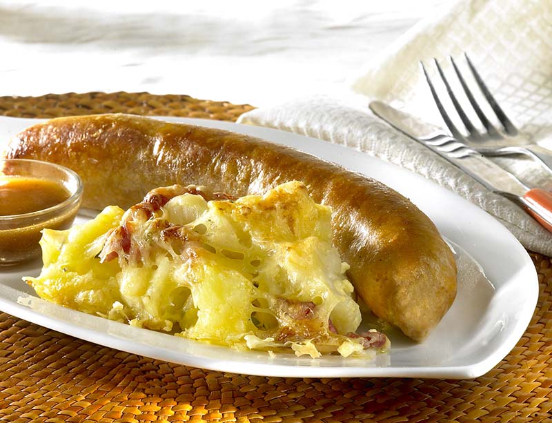 Saucisses De Volaille Et Gratin Pommes De Terre Au Chou Fleur