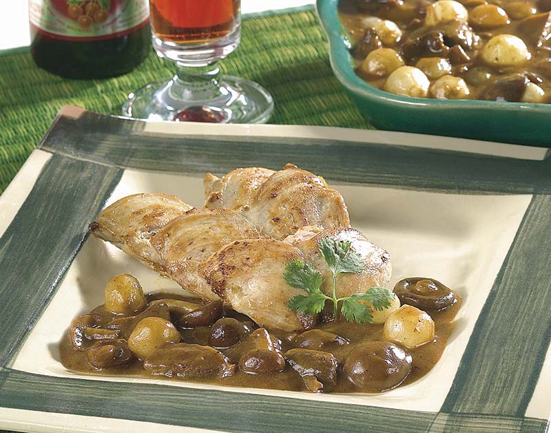 Recette pour Filets de caille à la kriek et aux champignons des bois