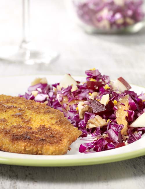 Vegetarische schnitzel met zoetzure rodekoolsalade, recept van Colruyt